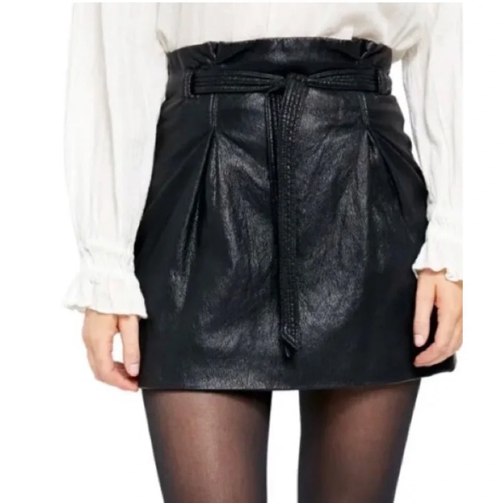 Free People Faux Leather Skirt Paperbag Waist Tie‎ Belt Black Skirt Size 8 (G)